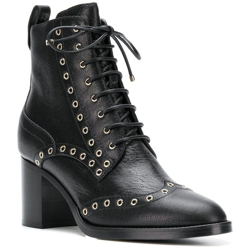 

Black Genuine Leather Rivets Woman Martin Boots Lace Up Round Toe High Heels Ankle Boots Outfit Motorcycle boots Shoes Woman