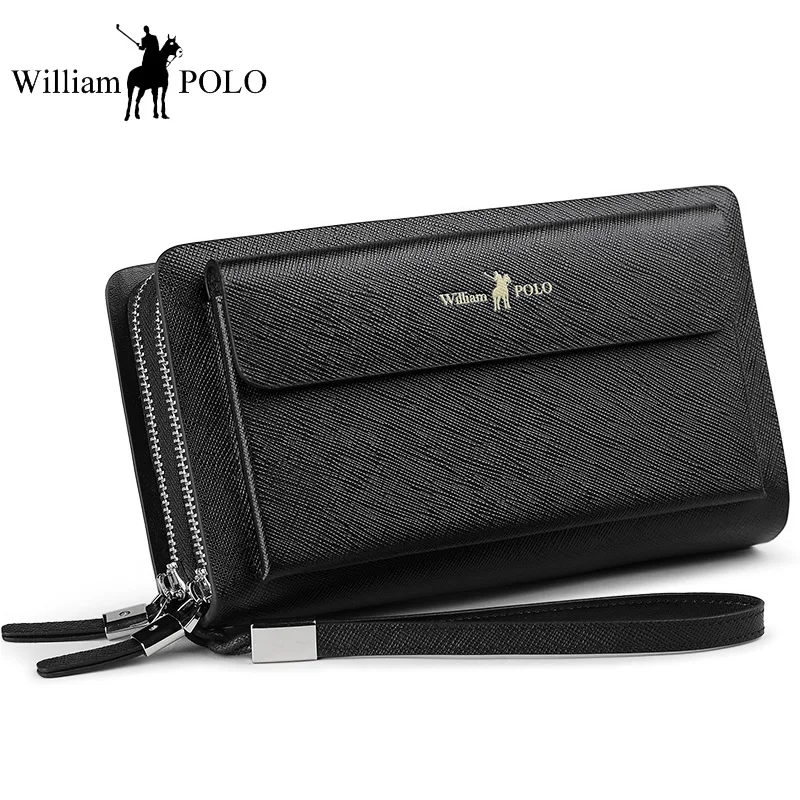 

WilliamPOLO Men clutch Bag wallet Genuine Leather Organizer Long Clutch Purse with wristband Fashion Brand Card Holder Wallet