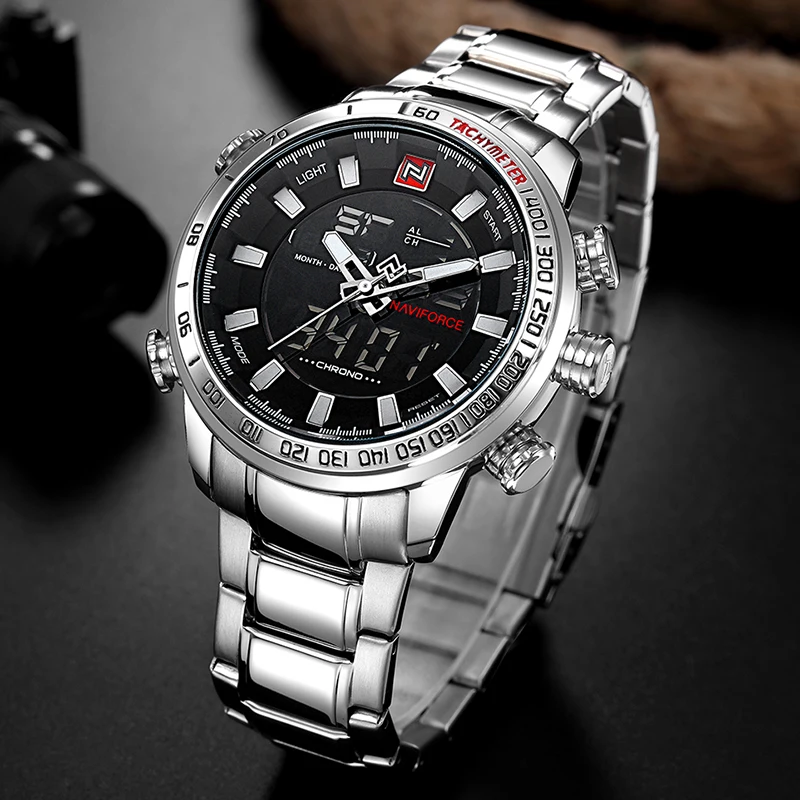 Günstig NAVIFORCE Marke Männer Military Sport Uhren Herren LED Analog Digital Uhr Männlichen Armee Edelstahl Quarz Uhr Mit Box Set Für verkauf