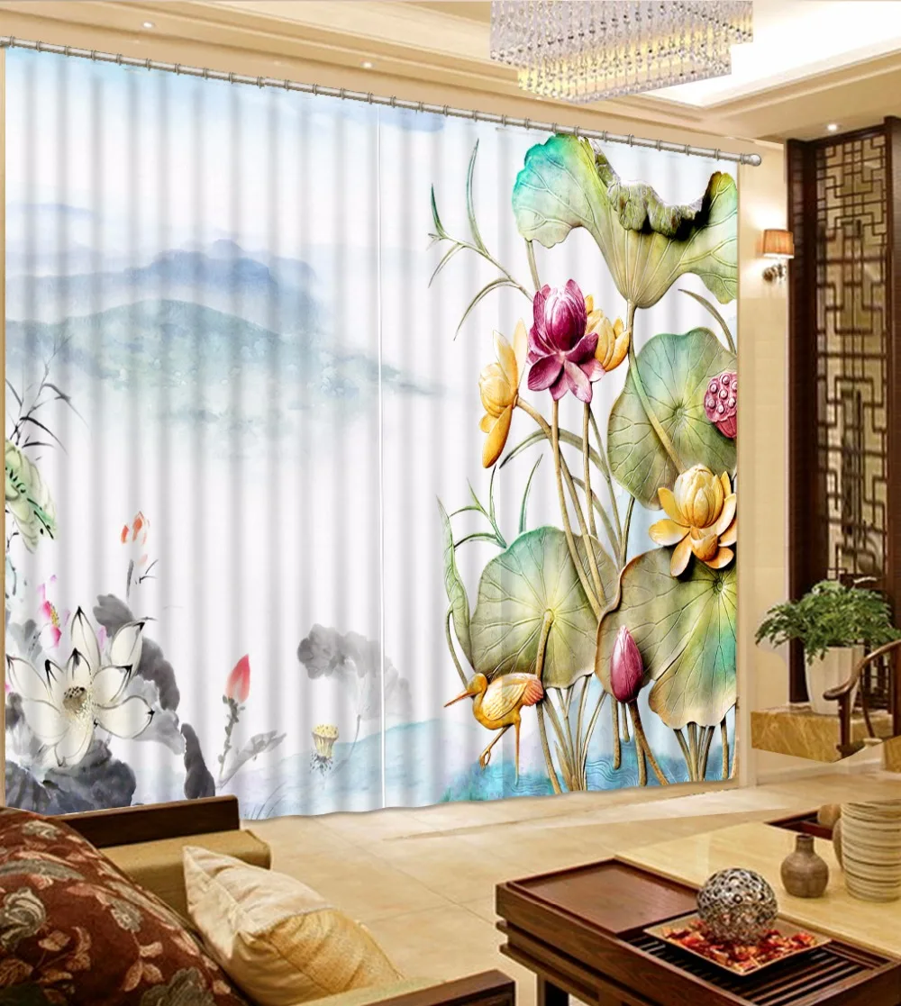 Pastoral Style 3D Lifelike relief lotus Curtains For Bedroom Living room 3D art Blackout Curtain