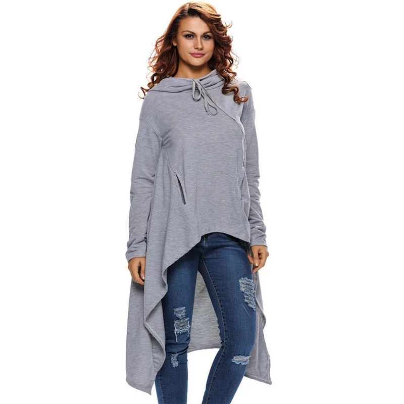 Autumn Leisure Women Gray Hooded Long Sleeve Irregular