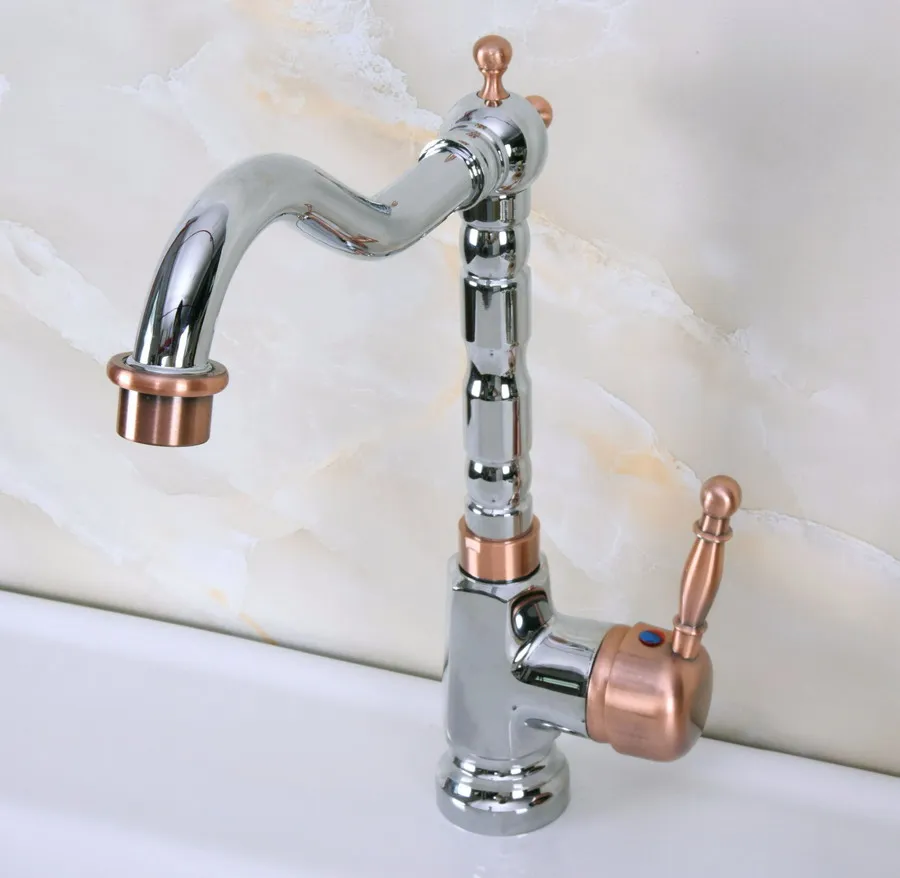 Polished Chrome Red Copper Brass Swivel Spout Single Lever Handle Kitchen/Bar Bathroom Sink Faucet Hot&Cold Mixer Tap anf916