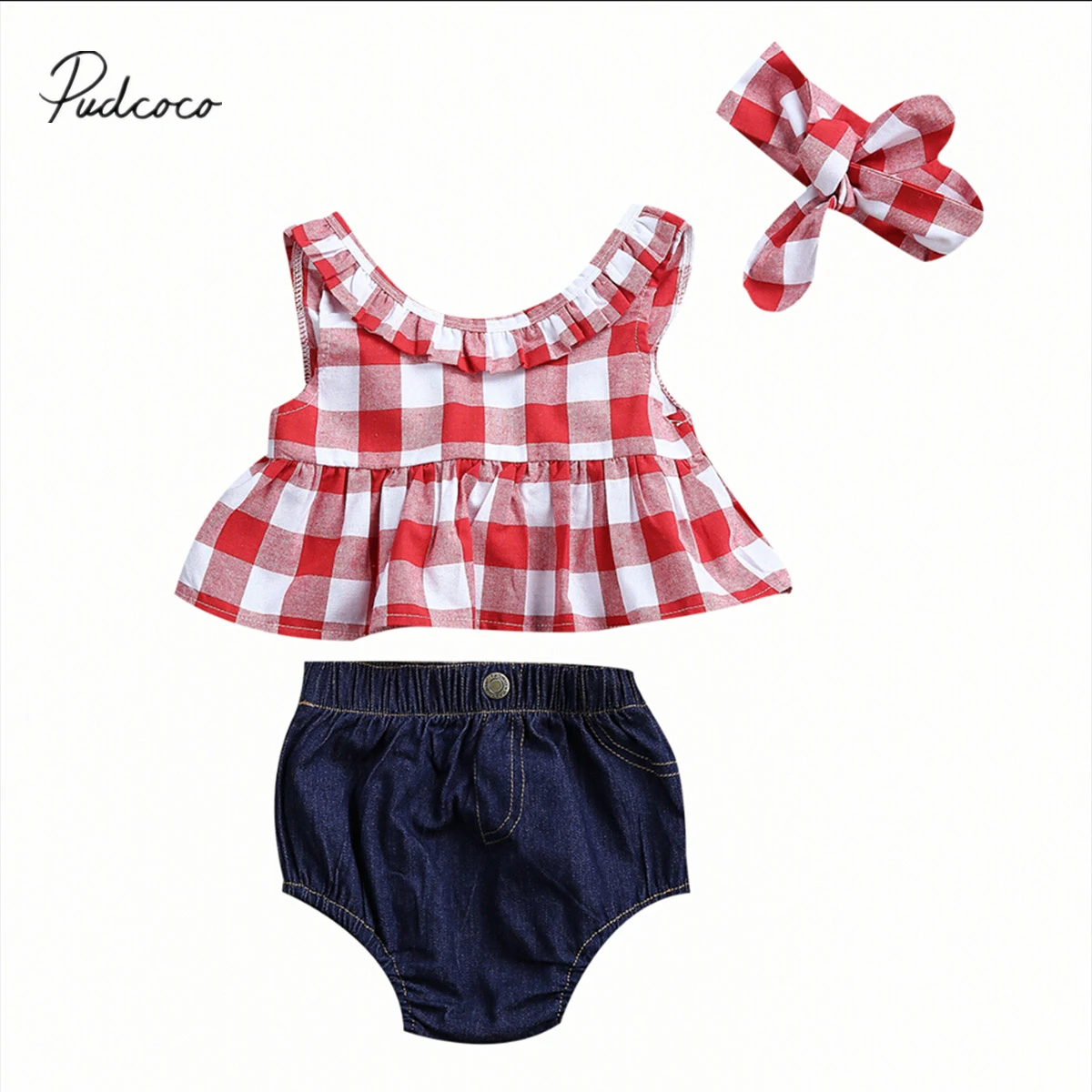

Pudcoco 2018 Summer Infant Kids Baby Girls Outfit Red Collar Sleeveless Tops+Jeans Denim Shorts+Headband Kids Outfits 0-3Y SS