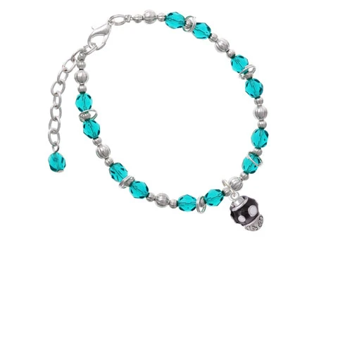 Silvertone White Dots on Black Spinners Teal Beaded Bracelet