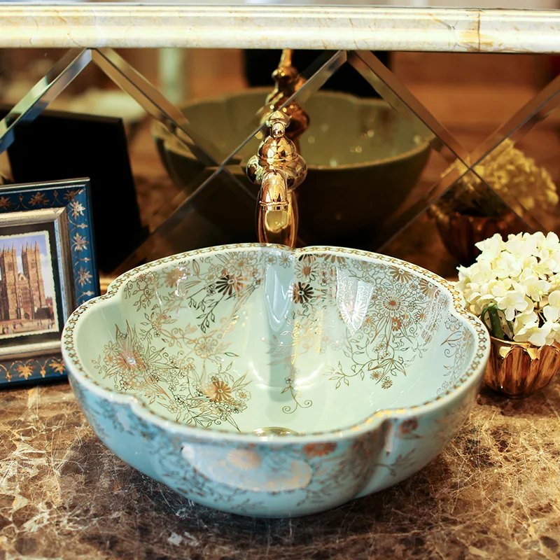Flower shape Traditional Chinese Cloakroom Counter Top porcelain wash