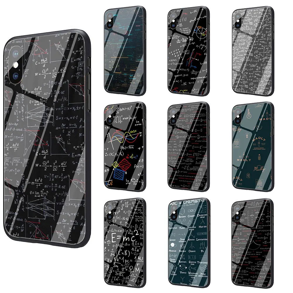 

Math Chemical Formulas Tempered Glass TPU Black Case for iPhone 11 Pro X or 10 8 7 6 6S Plus Xr Xs Max