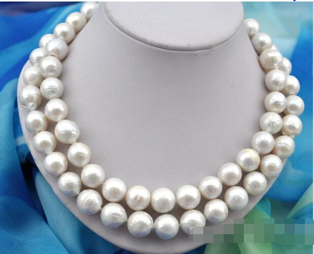 

Rare huge 2row 17" 14mm round white reborn pearl necklace NEW