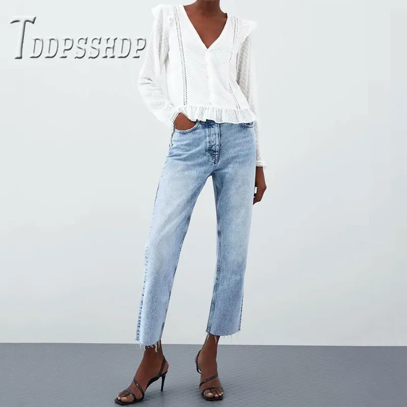 

2019 Spring Thin Fabric Women Blouse White Color V Neck Long Sleeve Elegant Female Blouses