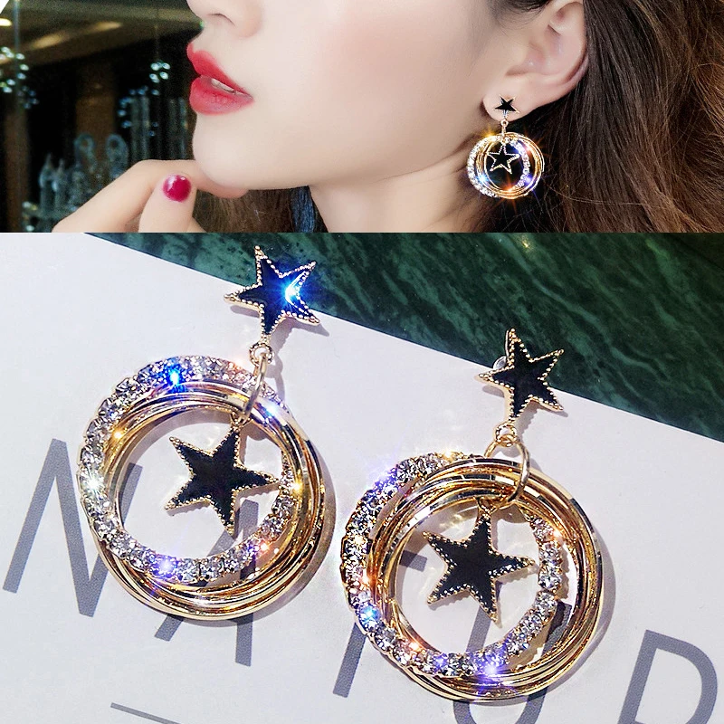 

Luxury Female Black Star Stud Earrings Fashion 925 Silver Wedding Jewelry Double Crystal Zircon Earrings For Women