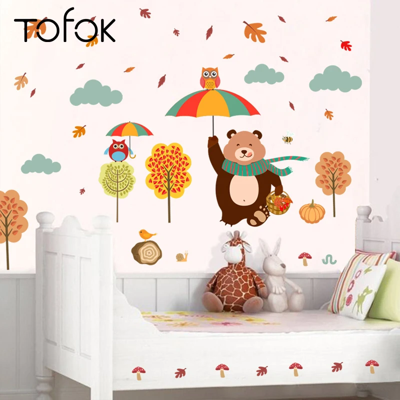 

Tofok Bear Hold Umbrella Home Wall Sticker Cartoon Tree DIY Baby Kids Room Kindergarten Removable Decal TV Sofa Background Decor