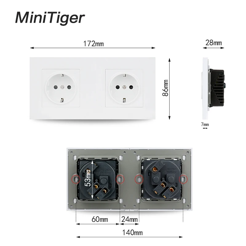 Minitiger Белая настенная панель ПК 2 банды розетка заземленная, 16А стандарт ЕС Электрический двойной выход 172 мм* 86 мм