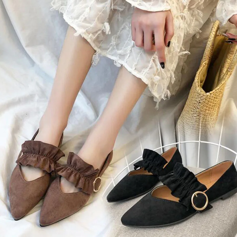 

Sweet Ladies Casual Flats Flock Leather Loafers Shoes Pointed Toe Solid Color Lazy Doug Shoes Shallow Mouth Turned-over-edge