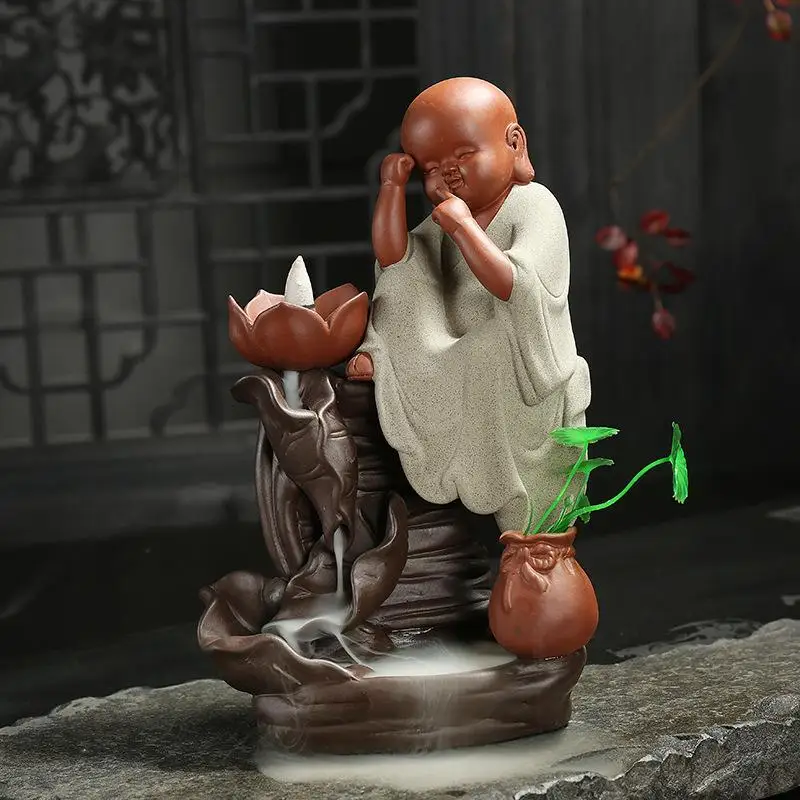 Ароматическая горелка для дома Zen Backflow Декор буддийский медитативный маленький монах керамический конус дым водопад ладан держатель Будда курильница