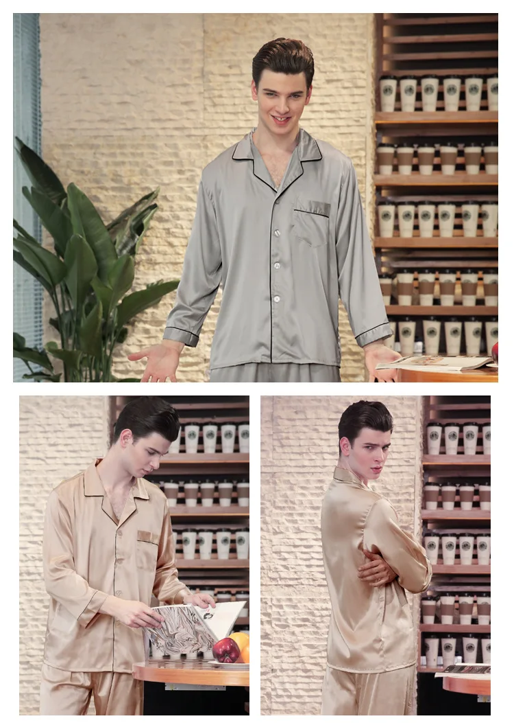 2018 мужской искусственного шелка пижамный комплект Весна Длинные рукава длинные штаны сплошной плюс размер с эластичной талией комплект