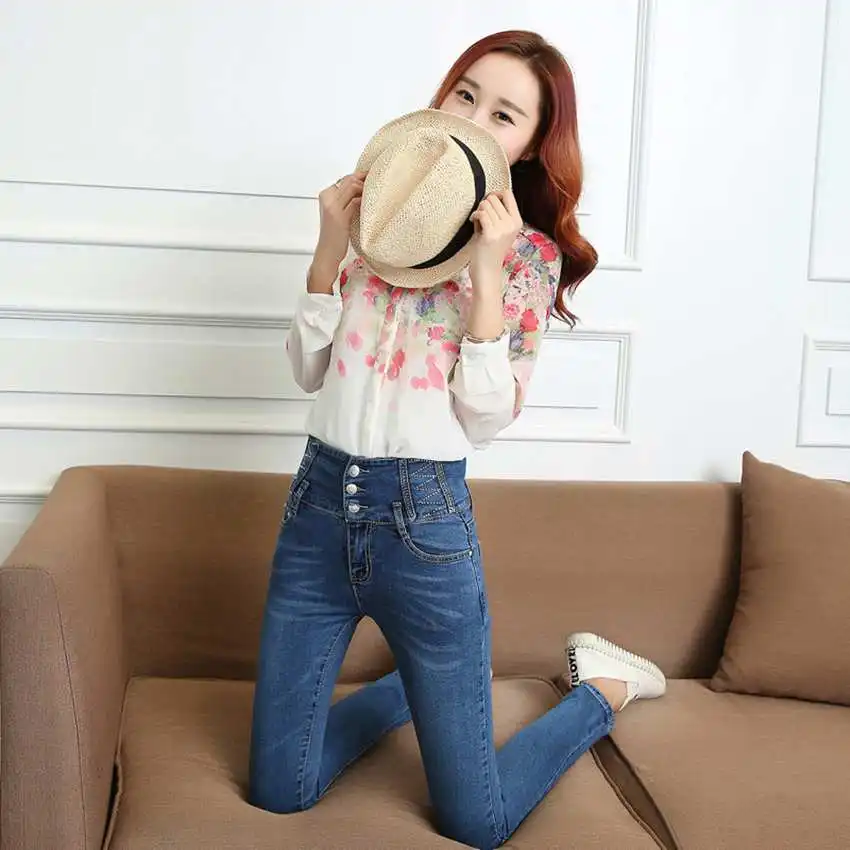 

pantalon femmes fortes pantalones mujer skinny fiber women jeans pants brand jeans slim straight high waist button trousers B112
