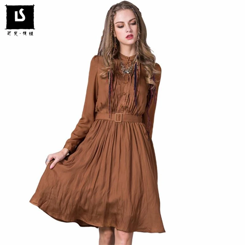 

original design 2018 fashion elegant dress spring autumn cotton vintage women casual loose dress party Belt slim dresses vestido