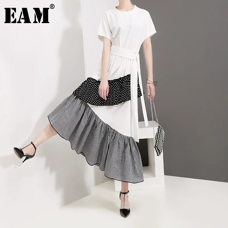 

[EAM] 2019 New Spring Summer Round Neck Short Sleeve Hem Dot Irregular Plaid Printed Loose Dress Women Fashion Tide JT0880