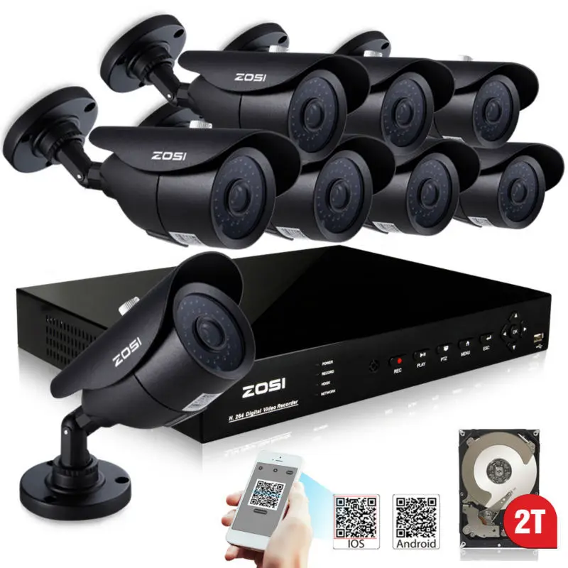 ZOSI 8CH 720P Waterproof CCTV System Video Recorder 8PCS 1.0MP Home Security Camera Surveillance Kits With 2TB HDD