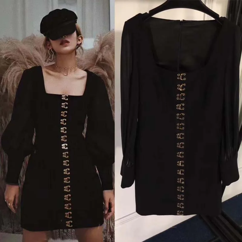 

Black dress female fashion lantern sleeve silm hip women's clothing boho long sleeve evening pary dresses autumn gothic clothes