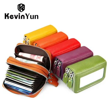 KEVIN YUN Fashion Brand Genuine Leather Women Card Holder Double Zipper Large Capacity Female ID Credit Card Case Bag Wallet
