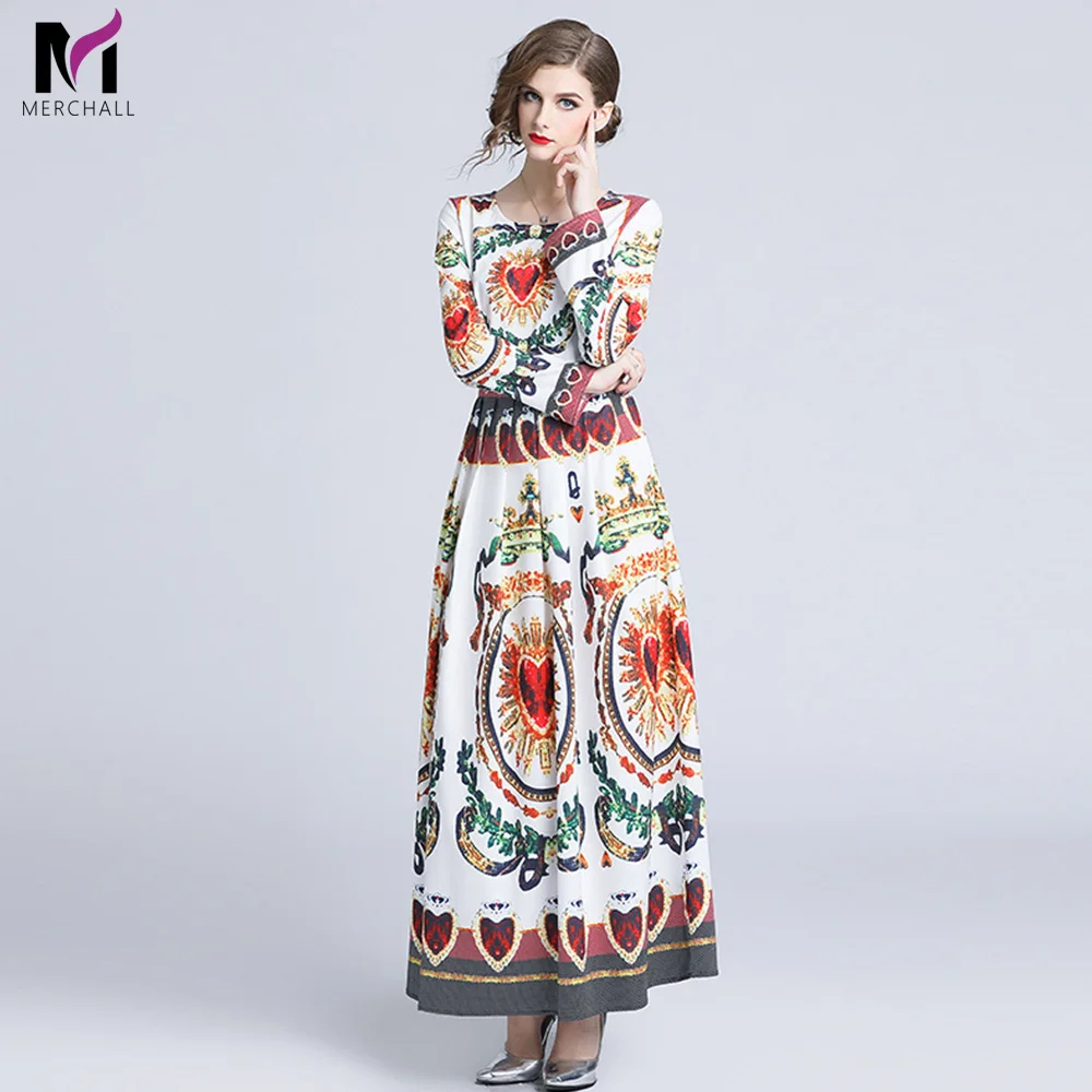 

Merchall Fashion 2019 Runway Maxi Dress Autumn New Women's High Quality Long Sleeve Vintage Retro Floral Print Casual Long Dress
