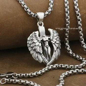 

LINSION 925 Sterling Silver Naked Angel Cross Wings Mens Biker Rock Punk Pendant 9F022