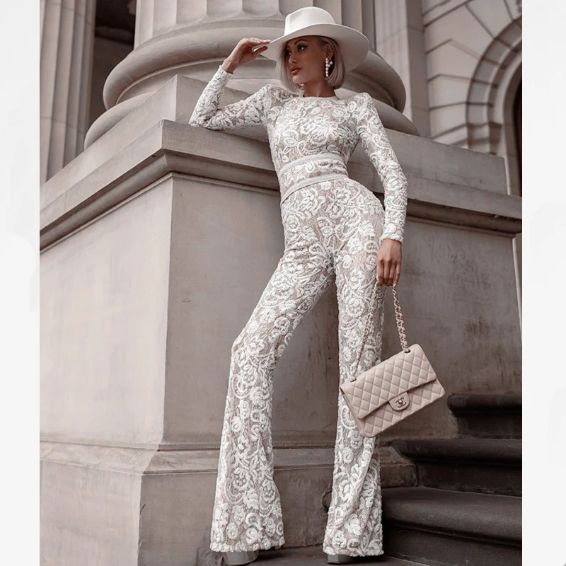 

White lace jumpsuit women 2019 Elegant Sexy Party Club Boho Playsuit Full Bodycon Jumpsuits Flare Romper Overalls For Women