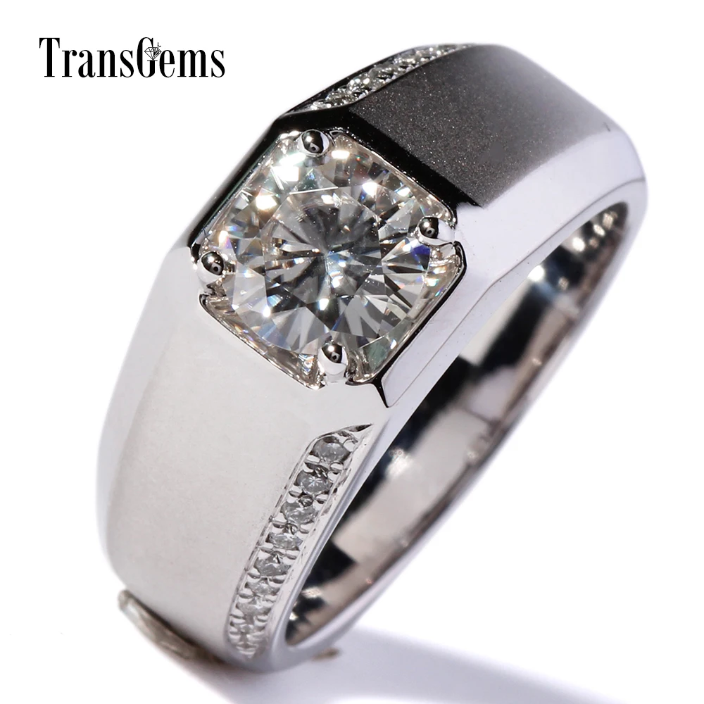 TransGems 1 Carat Lab Grown Moissanite Diamond Band moissanite Accents Wedding Engagement Ring Solid 14K White Gold for Men TransGems 1 Carat Lab Grown Moissanite Diamond Band moissanite Accents Wedding Engagement Ring Solid 14K White Gold for Men