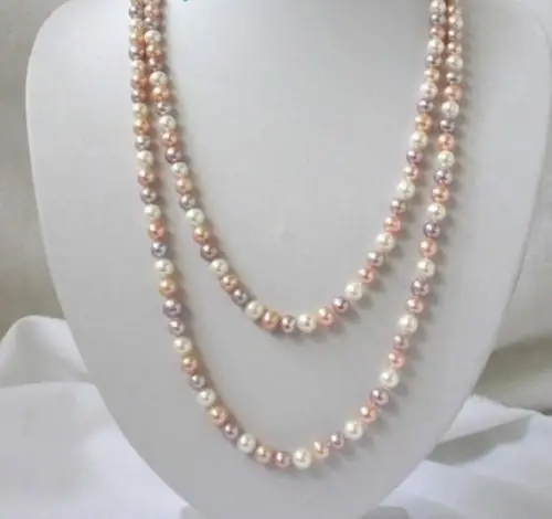 

***** stunning long 50" 7-8mm round white pink purple freshwater pearls necklace