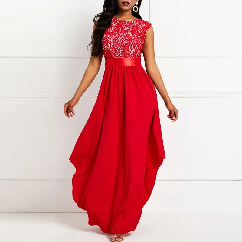 

Prom Sexy Lace Long Dress Women Plus Size Sleeveless Elegant Asymmetric Big Swing African Fashion Red Summer Maxi Dresses Female