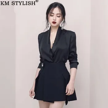 

2019 New Vintage OL Commuter Slim Black V-neck Satin Top + Button Half Skirt Slim Two-Piece Set