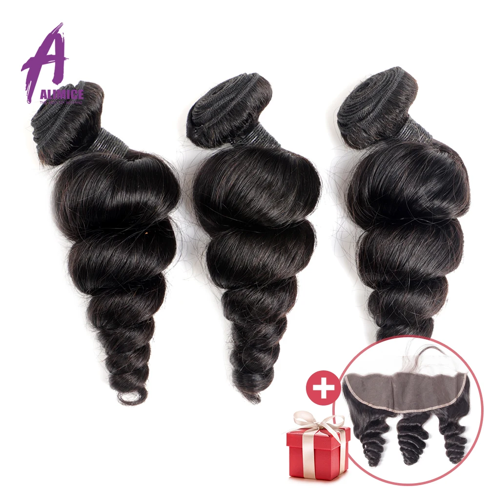 FREE FRONTAL Alimice Peruvian Loose Wave Hair Bundles 3 PieceLot Peruvian Hair Weave Bundles Remy Human Hair Extensions 8-28  (4)