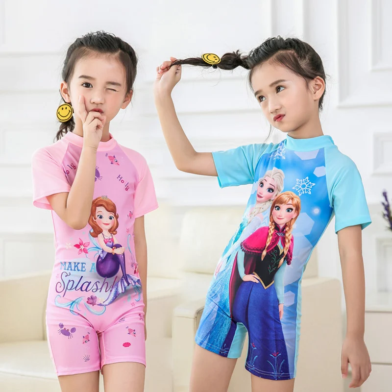 

Cute Cartoon Printed One Piece Swimwear For 3-11Y Girl Elsa Anna Hello Kitty Mickey Bodysuit Kids Anime Overall Bechwear