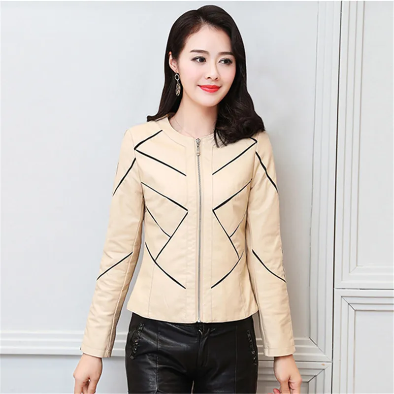 Big Size Patchwork Short Coat Women Bomber PU Jacket Bodycon Moto
