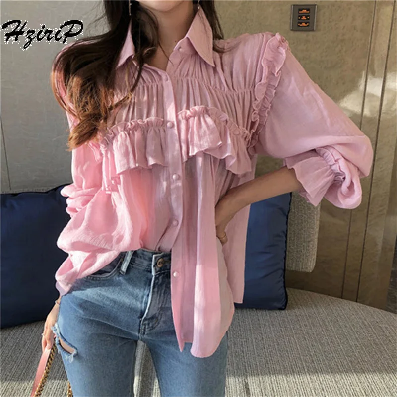 Блузка HziriP женская летняя с оборками однотонная свободная на каждый день для