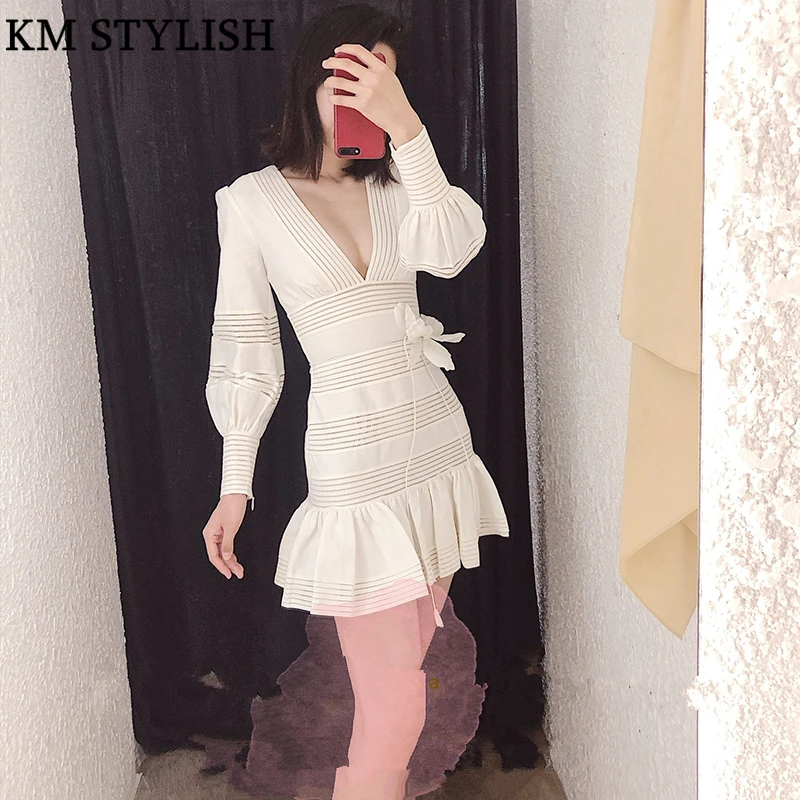 Goedkoop 2018 Fall Winter Australi euml; Zim Nieuwe Witte Linnen Kant Uitsparing Streep V hals Slanke Lange Mouwen Fishtail Jurk