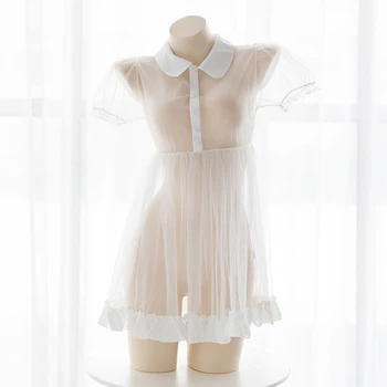 

Sexy Women Kawaii Japanese Lolita Perspective Cute Doll Collar Mesh Dress Transparent Chiffon Short Skirt Pajamas Underwear