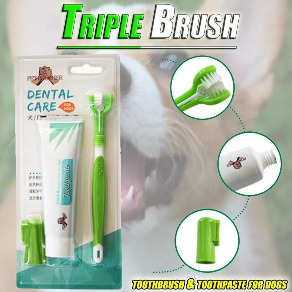 Dogs Triple Toothbrush Natural Bone Powder Toothpaste Set Non slip