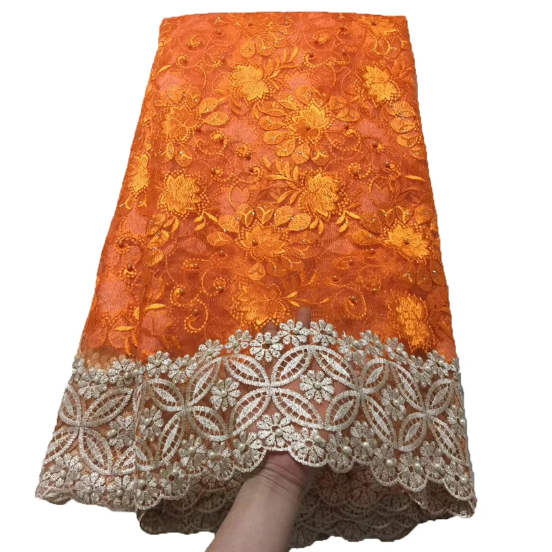 

New Beaded African Fabric Lace Orange/Gold High Quality French Lace 5 Yards Nigerian Fabric French Tulle Material Lace X1532
