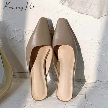 

Krazing Pot full grain leather brand mules basic clothing slip on square toe European design gladiator all-match cute pumps L77
