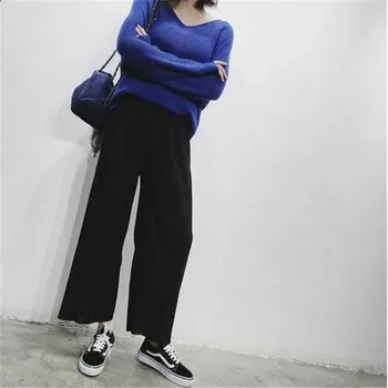 

New Girls Summer Fashion Pleated Chiffon Wide Leg Long Pants Women Elastic Waist Trousers Casual Solid Loose Pants