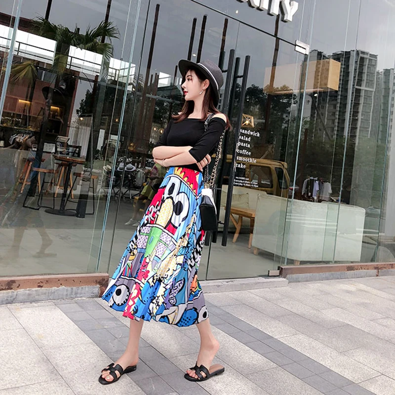 CR Women Skirts Floral High Elasticity Cartoon Printing Midi Pleated Skirt Jupe Femme Spring Summer Autumn Skirts