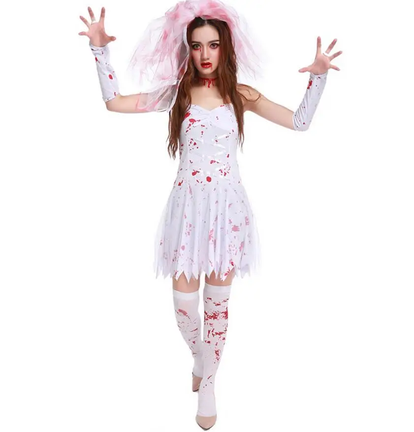 

Free PP Corpse Bride Costume Halloween Ghost Scary Zombie White Fancy Dress Hens Party
