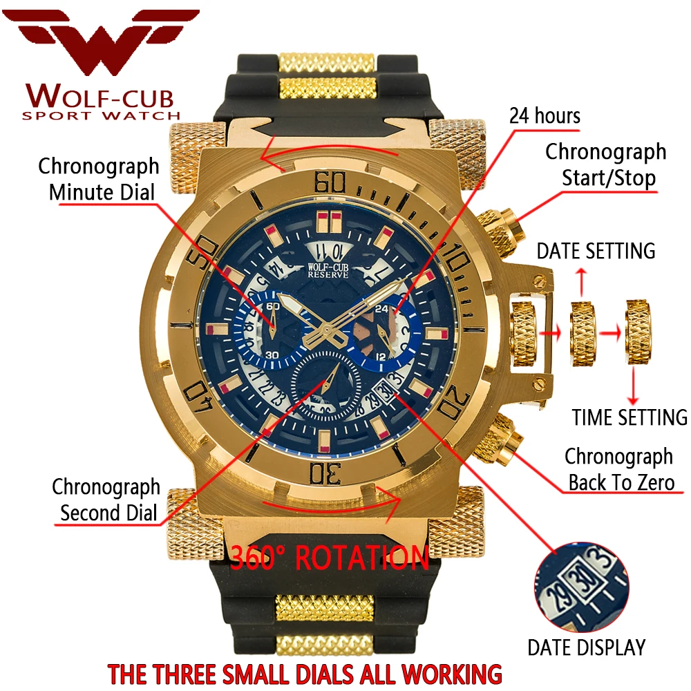 Оригинальные креативные золотые мужские кварцевые наручные часы WOLF-CUB с 3D циферблатом, полностью стальные водонепроницаемые большие часы с календарем и хронографом