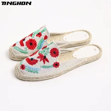 Модные Этнические Повседневное эспадрильи вышивка цветы плоским Для женщин Весна Печатных вышивать скольжения на рыбаков пеньковая веревка обувь