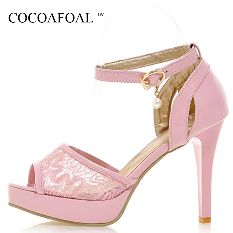 

COCOAFOAL Women Platform Heel Height Sandals Fashion Black White Pink Peep Toe Shoes Big Size 33 43 Sexy Mesh Open Toe Sandals