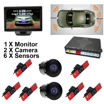 

3in1 16MM Original Flat Sensor Car Front Rear 6 Sensors Video Radar Parking Sensor + 5" Car Monitor with Front Rear 2 Camera