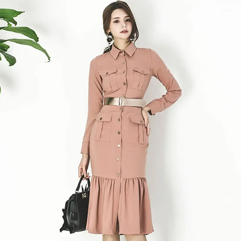 

Autumn Single Breasted Pocket Bodycon Knee-Length Vestidos Full Sleeve Slim Fishtail Solid Office Work Shirt Dress