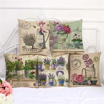 

Vintage Style Potted Plant Flower Printed Retro Throw Pillow Seat Cushion Cover Case Plant Capa De Almofadas 45x45cm Sofa