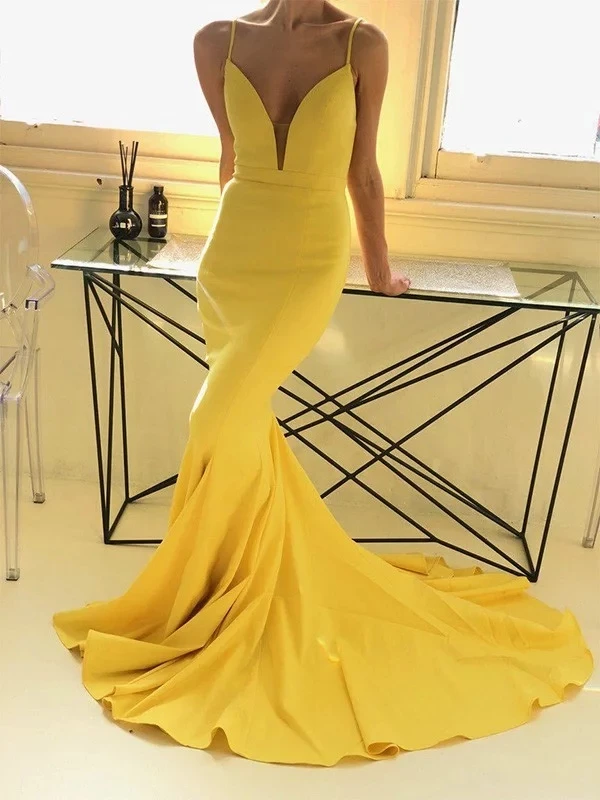 

SHJ773 Long Elegant Mermaid Evening Dresses 2019 Yellow Sweetheart Satin V-Neck Backless Sexy Prom Dress